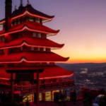 Red pagoda at sunset skyline