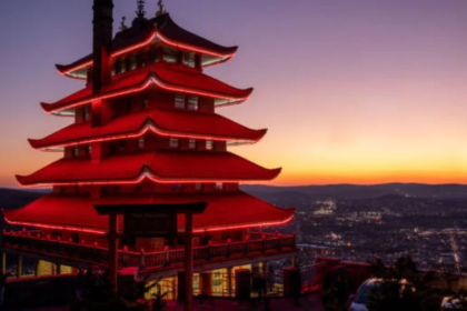 Red pagoda at sunset skyline